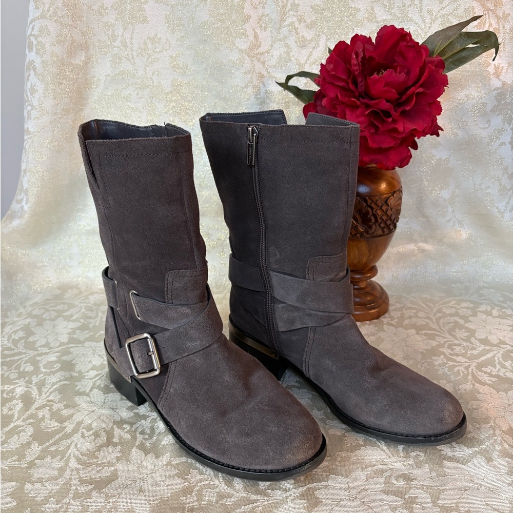 Vince Camuto Wethima Dark Gray Sued Moto  Style Ankle Boots